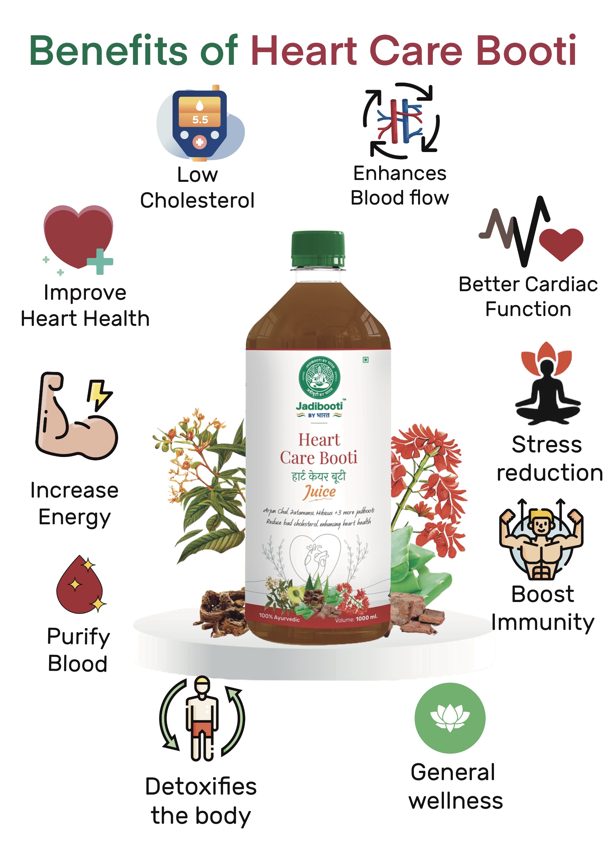 Jadibooti Heart Care Booti Juice – 1000ml Ayurvedic cold decoction with herbs like Arjuna and Jatamansi to reduce bad cholesterol and support heart health naturally